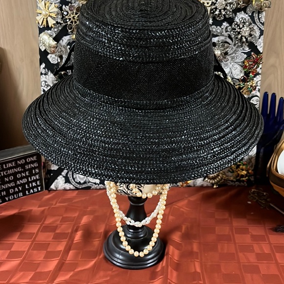 RARE VINTAGE BETMAR NEW YORK BLACK BOW SPRING STRAW DERBY/CHURCH/FORMAL HAT - Picture 2 of 9
